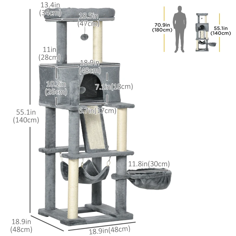 PawHut 55" Cat Tree for Indoor Cats, Cat Tower, Kitty Activity Center with Cat Bed Ramp Condo Hammocks Hanging Ball Toys Sisal Rope Scratching Post, Grey
