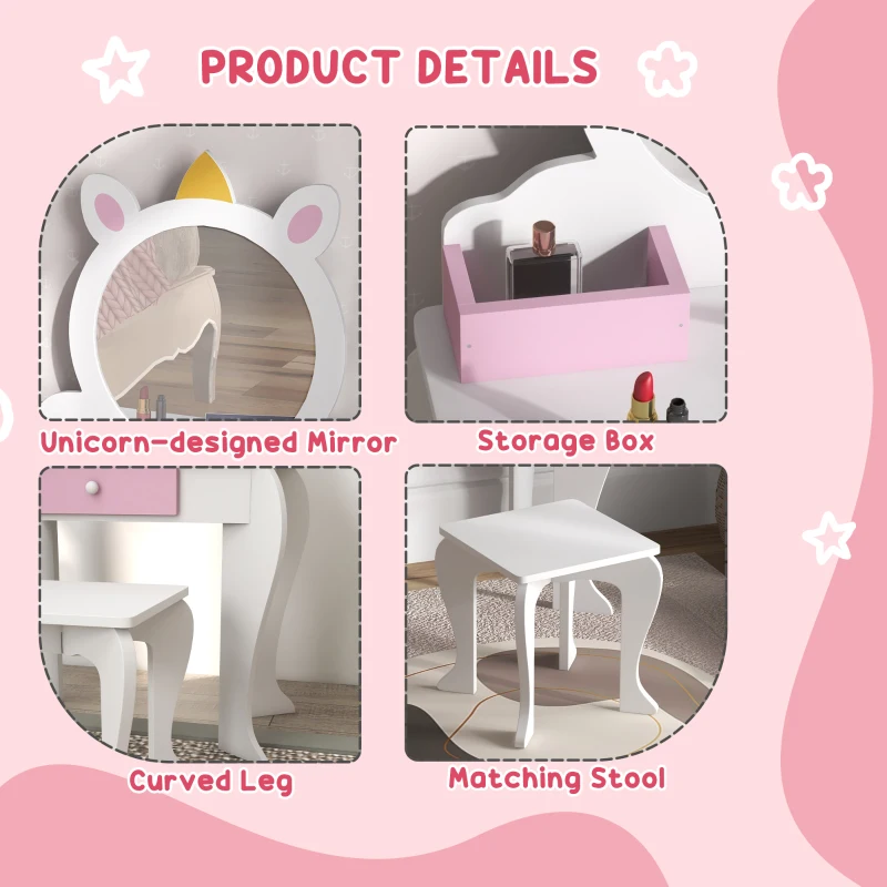 Qaba Kids Makeup Vanity Set with Stool, Mirror, Drawer, Storage Boxes, Unicorn Design, White