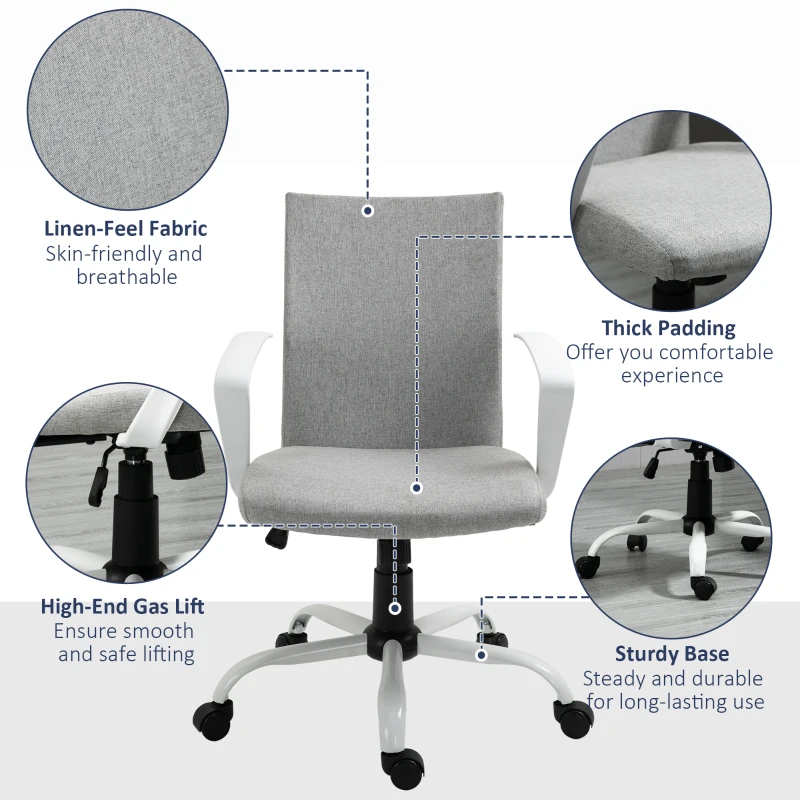 Vinsetto Linen Mid Back Office Chair With Tilt Function, Swivel Computer Chair, Light Grey