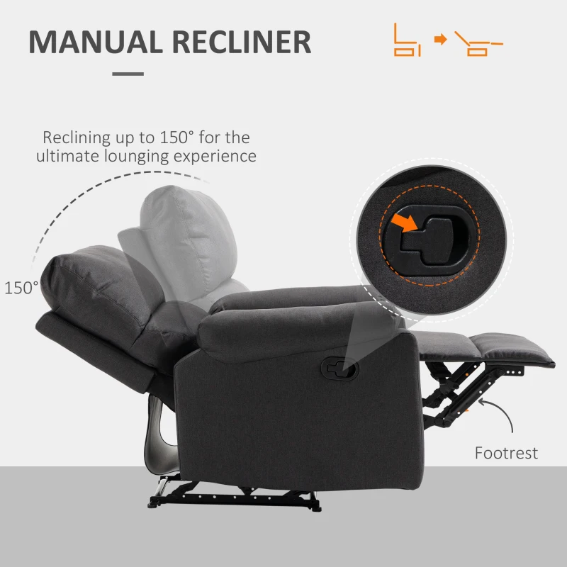 HOMCOM Recliner Chair, Manual Reclining Chair with Footrest, Padded Seat for Living Room, Bedroom, Study, Dark Grey