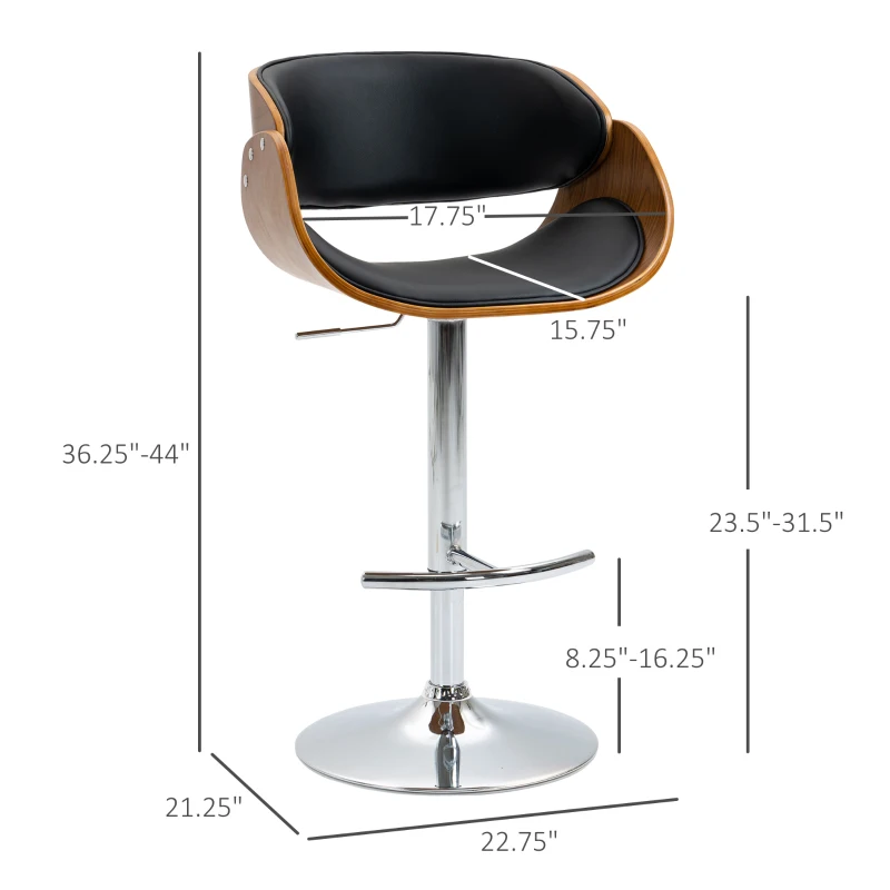 HOMCOM Modern Style Adjustable Bar Chair, PU Leather Swivel Bar Stool with Back, Footrest for Kitchen, Home Bar, Counter, Coffee Shop, Black and Walnut