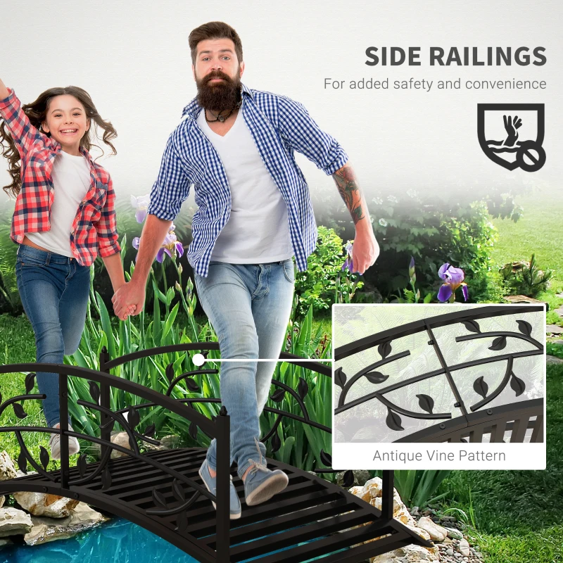 Outsunny 4' Metal Arch Garden Bridge Arc Footbridge with Guardrails and Decorative Vine Pattern, Black