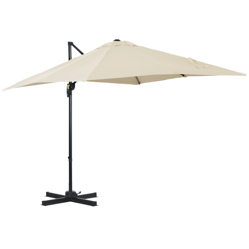 Outsunny 8' x 8' Square Patio Hanging Offset Umbrella with 360° Rotation, Aluminum Outdoor Cantilever Parasol with Crank & Tilt, Sun Canopy Shelter with Cross Base, White