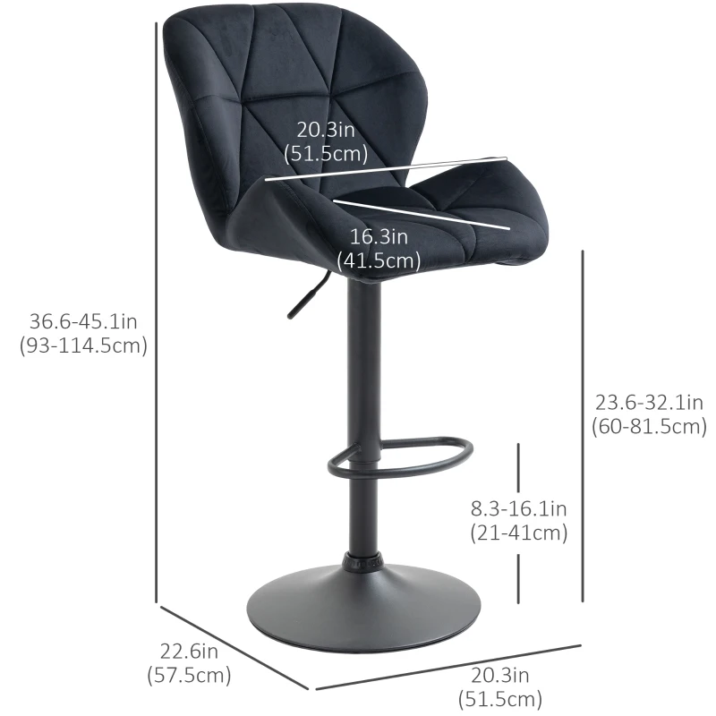 HOMCOM Bar Stool Set of 2 Fabric Adjustable Height Armless Upholstered Counter Chairs with Swivel Seat, Black