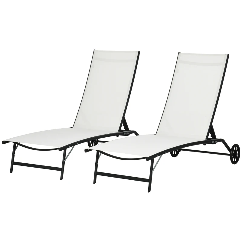 Outsunny 2PCs Lounge Chairs with Wheels, 5-Level Adjustable Backrest for Garden, Backyard, Patio, Deck, Poolside, White