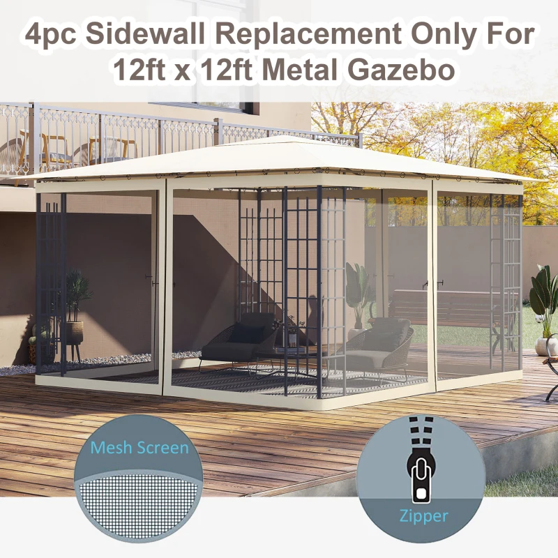 Outsunny Replacement Mosquito Netting for Gazebo 12' x 12' Black Screen Walls for Canopy with Zippers for Parties and Outdoor Activities, Cream White