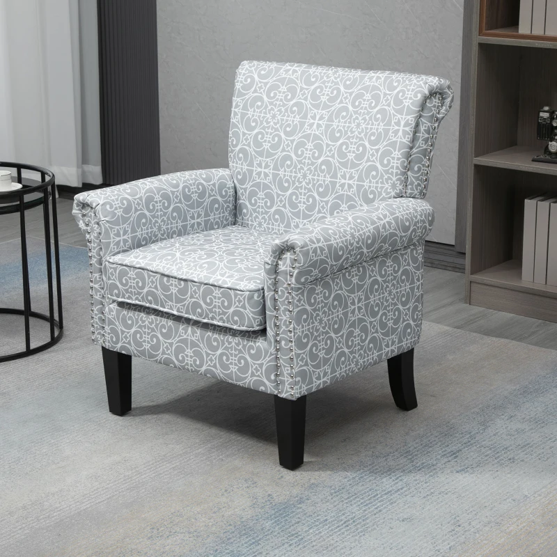 HOMCOM Upholstered Accent Chair, Single Armchair with Soft Linen Touch Fabric, Rolled Armrest with Nailhead Trim, Grey