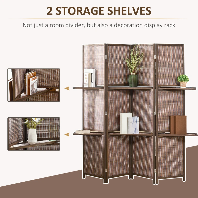 HOMCOM 4 Panel Room Divider, 6ft Tall Bamboo Folding Screen with 2 Storage Shelves for Bedroom, Office, Brown