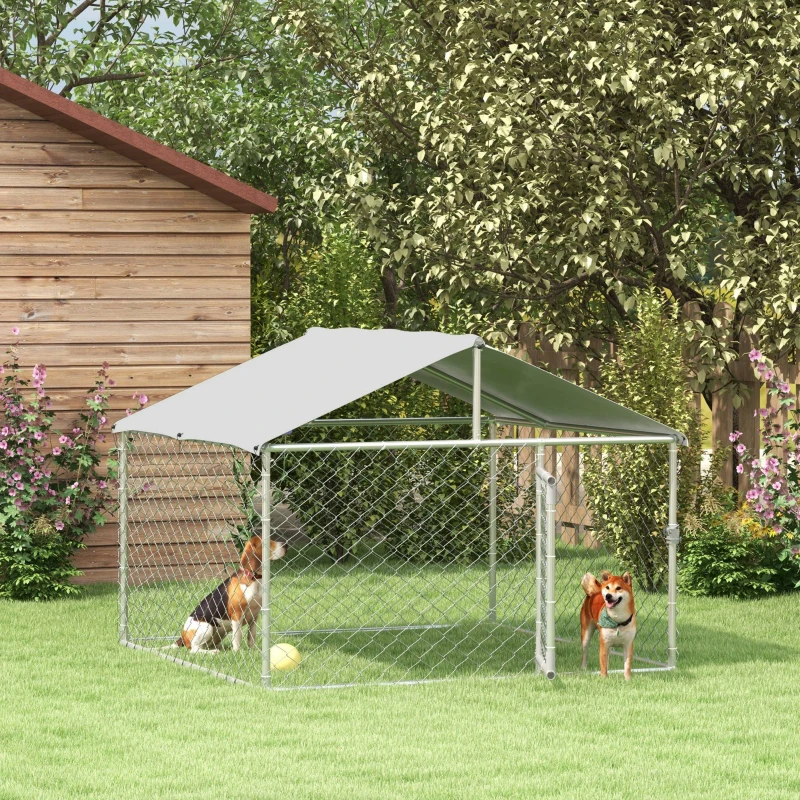 PawHut 6.6' x 6.6' x 4.9' Outdoor Dog Kennel Heavy Duty Galvanized Steel Chain Link with UV-resistant Roof, Silver