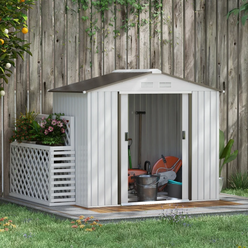 Outsunny 7'x 4'x 6' Garden Tool Shed Metal Storage Shed w/ Foundation Kit and Double Doors Silver