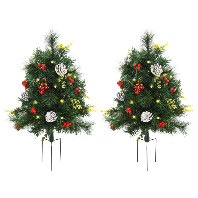 HOMCOM 2.5ft 2 Pieces Prelit Artificial Christmas Tree with LED Light Mini Xmas Tree with Small Berry Pine Needles Pinecones Decorations for Garden