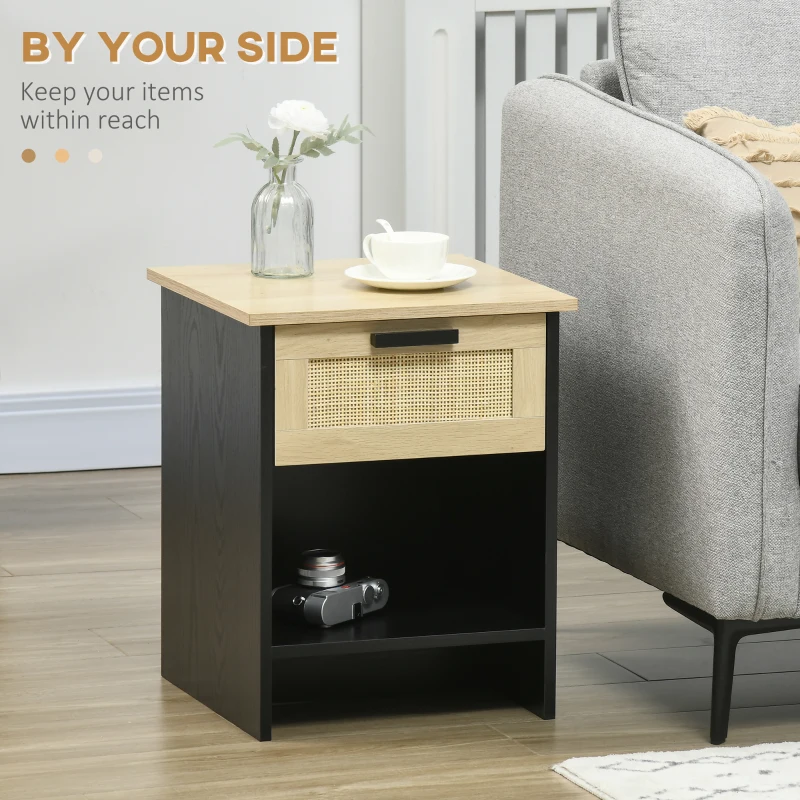 HOMCOM 2 Pieces Nightstands, Boho Bedside Tables with Drawer and Storage Shelf for Bedroom, Living Room, Black