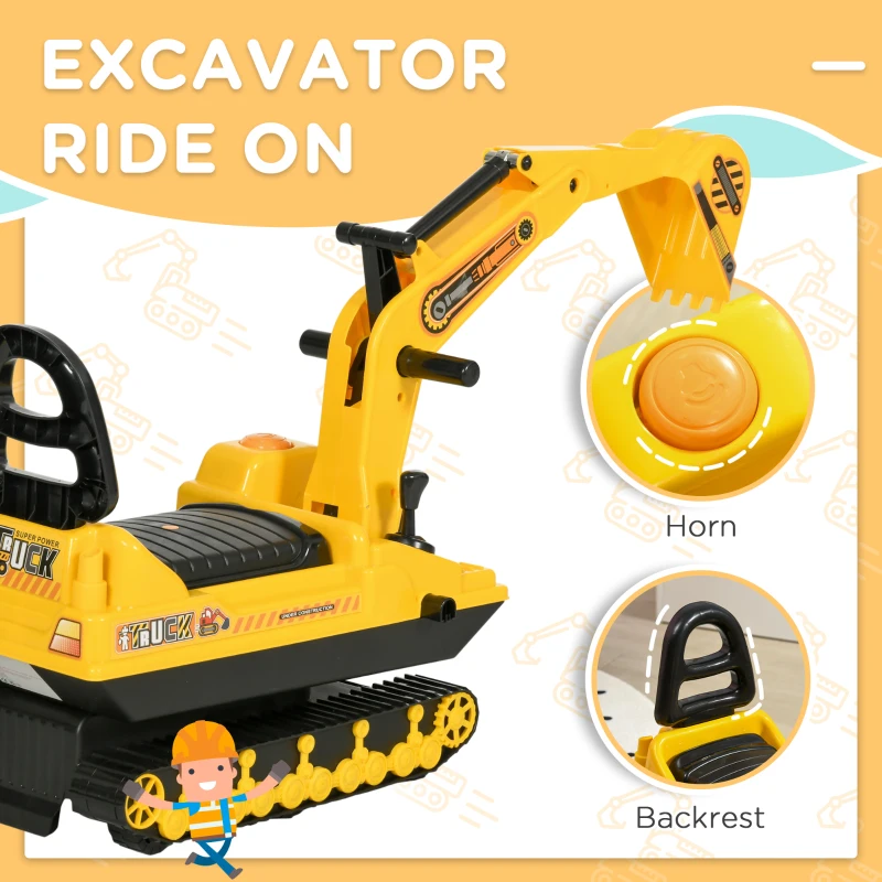 Qaba Kids Ride-on Excavator with Digger, Pretend Play Construction Truck with Under Seat Storage, Realistic Sound, Treaded Wheels, No Power Design