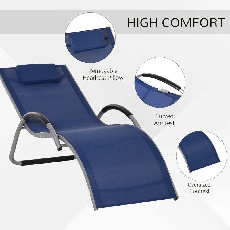 Outsunny Aluminum Frame Outdoor Lounge Chair, Portable Tanning Chair with Armchair & Removable Headrest Pillow for Garden Patio Outside, Blue