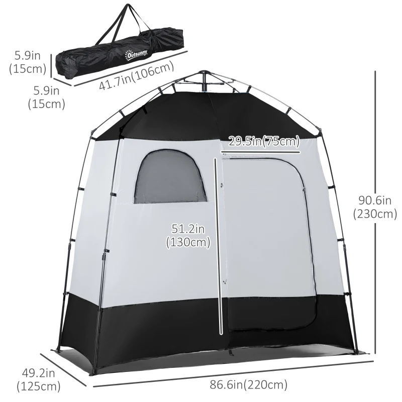 Outsunny Pop Up Shower Tent, Portable Privacy Shelter for 2 Persons, Changing Room with 2 Windows, 3 Doors, Carrying Bag, Grey and Black