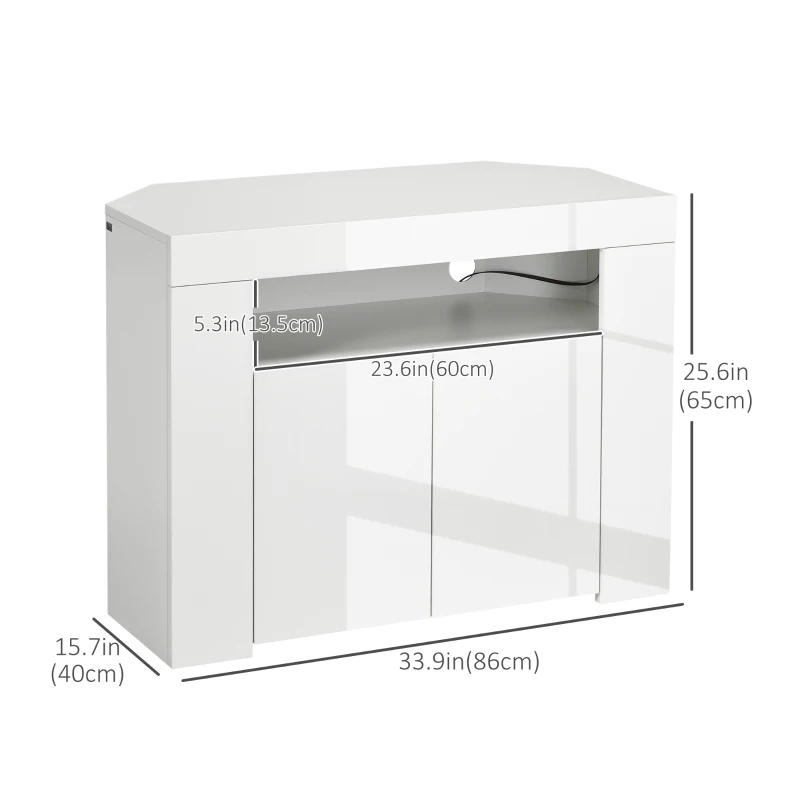HOMCOM Corner TV Cabinet for 40 inches with LED Lights, High Gloss TV Stand with Cable Management and Open Shelf, White