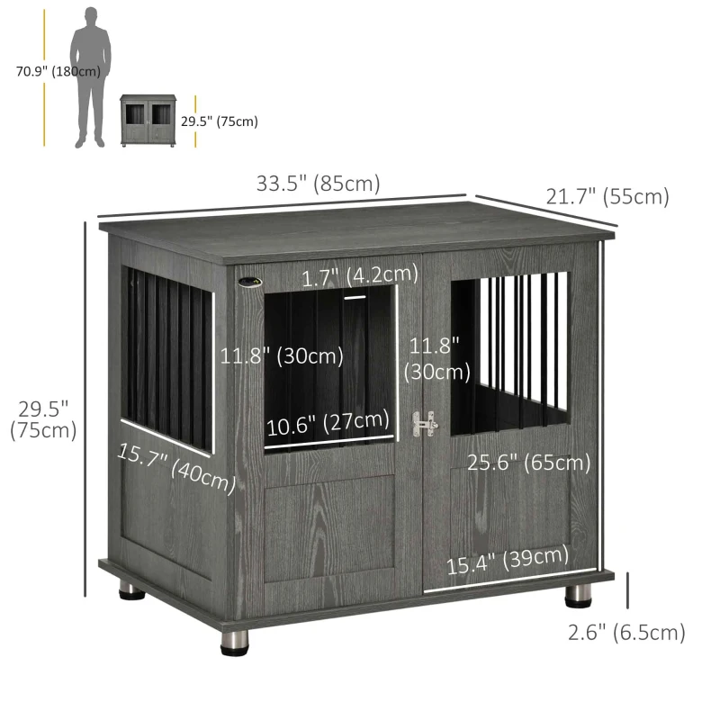 PawHut Dog Crate Furniture with Lockable Magnetic Door, Adjustable feet for Small & Medium Dogs, Indoor Use, Grey