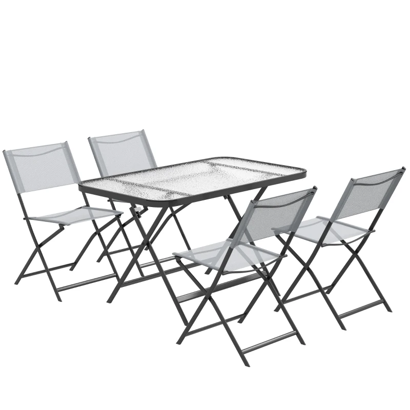 Outsunny 5 Pieces Foldable Patio Dining Table and Chairs, Outdoor Dining Set for 4 with Large Rectangle Glass Top Table and 4 Armless Chairs for Conservatory, Garden, Deck, Grey