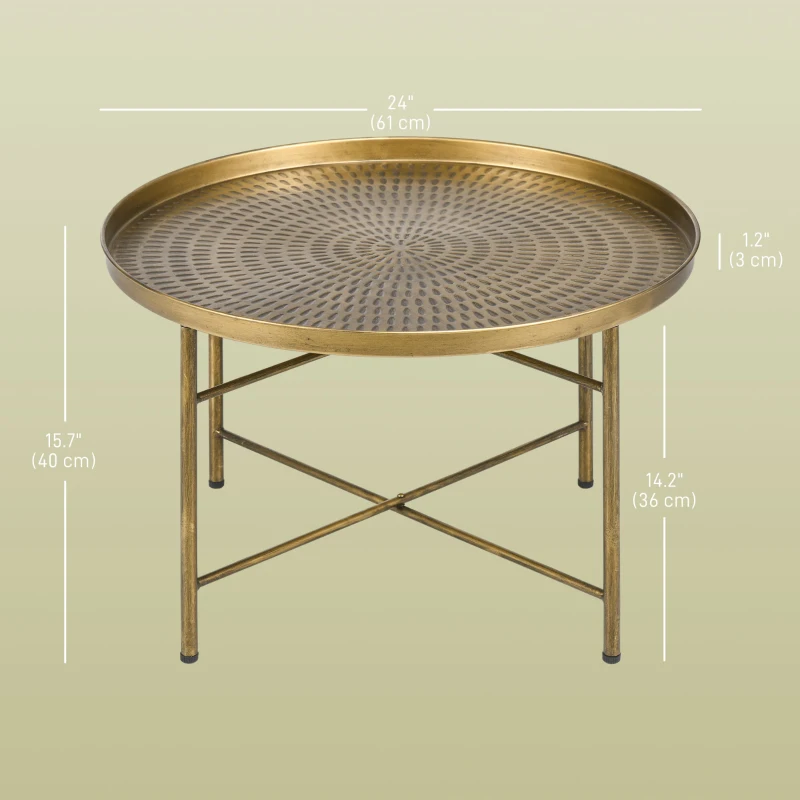 HOMCOM Vintage Coffee Table for Living Room, 24" Round Center Table with Hammered Tray Top and Metal Frame, Gold