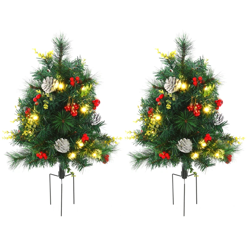 HOMCOM 2.5ft 2 Pieces Prelit Artificial Christmas Tree with LED Light Mini Xmas Tree with Small Berry Pine Needles Pinecones Decorations for Garden
