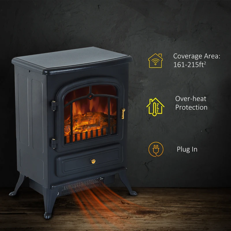 HOMCOM 16" Freestanding Electric Fireplace Heater Fire Stove with Wood Burning Flame 750/1500W Black