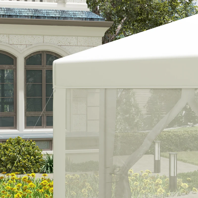 Outsunny Φ13' Hexagon Party Tent Patio Gazebo Outdoor Activity Event Canopy Quick Sun Shelter Pavilion with Netting Mesh Sidewall Cream White