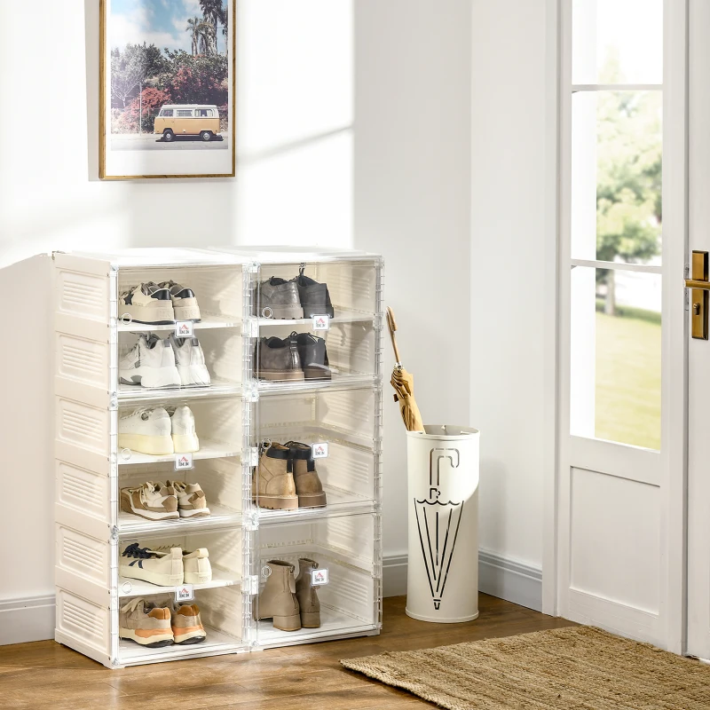 HOMCOM 20-Pair Shoe Storage Box, Portable Shoe Cabinet, Folding Storage Organizer Modular Cabinet with Ten Compartments, Magnetic Doors, for Hallway, Entryway, White