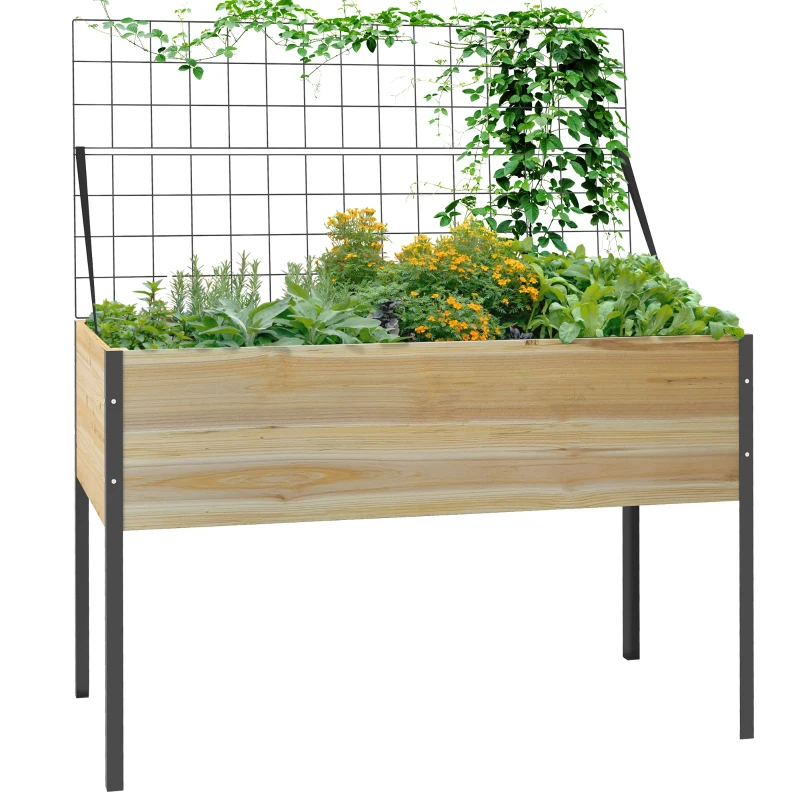 Outsunny Wooden Planter Box with Metal Legs, Raised Garden Bed with Trellis and Bed Liner, for Vegetables Flowers Herbs