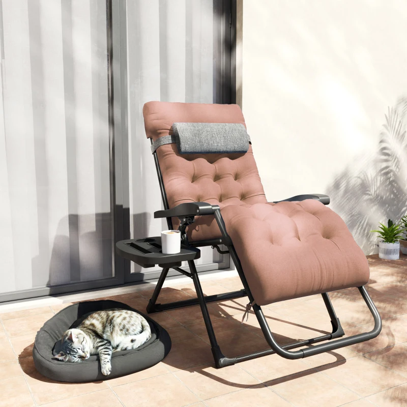 Outsunny Padded Folding Recliner Chair, Patio Lounger with Cupholder, Adjustable Backrest, Removable Cushion, Khaki