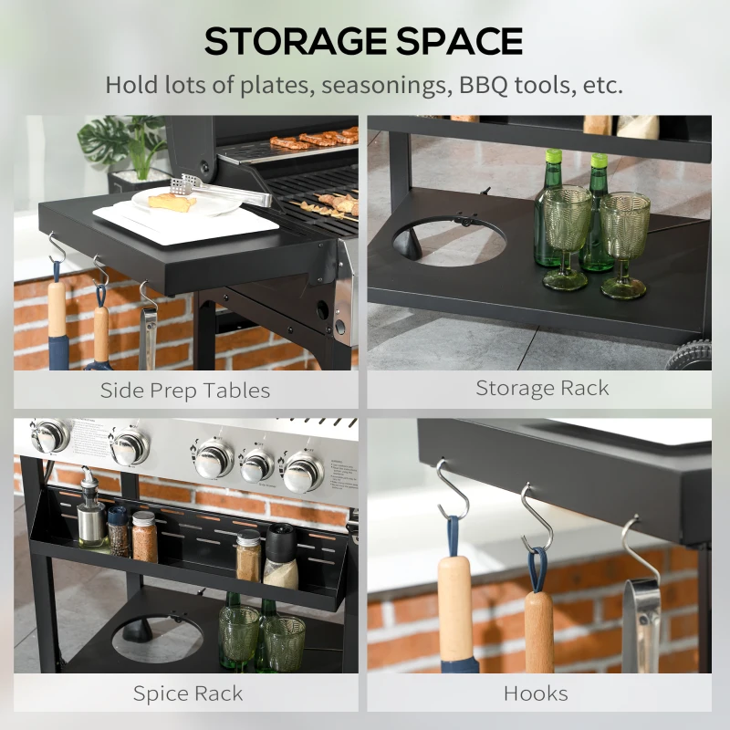 Outsunny 40,000 BTU Propane Gas Grill BBQ Cart with 4 Main Burners, 1 Side Burner, with Warming Rack, Side Prep Tables, Black