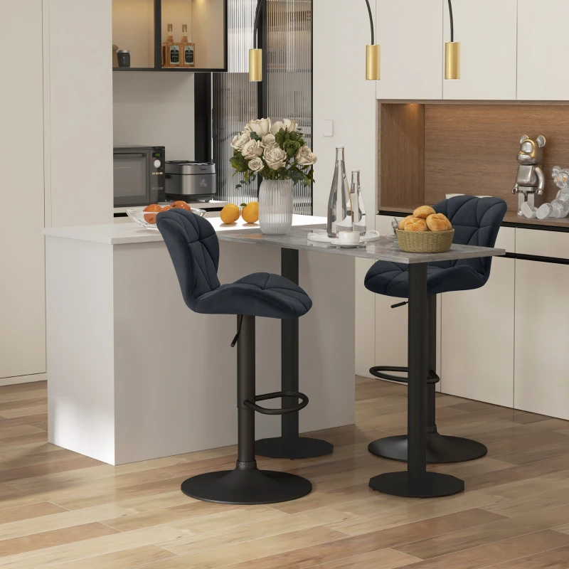 HOMCOM Bar Stool Set of 2 Fabric Adjustable Height Armless Upholstered Counter Chairs with Swivel Seat, Black