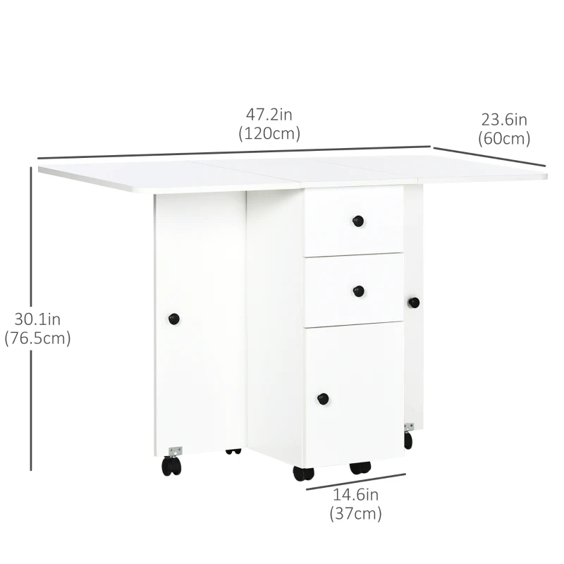 HOMCOM Foldable Dining Table, Rolling Kitchen Table with Storage Drawers and Cabinet, Drop Leaf Table on Wheels, White