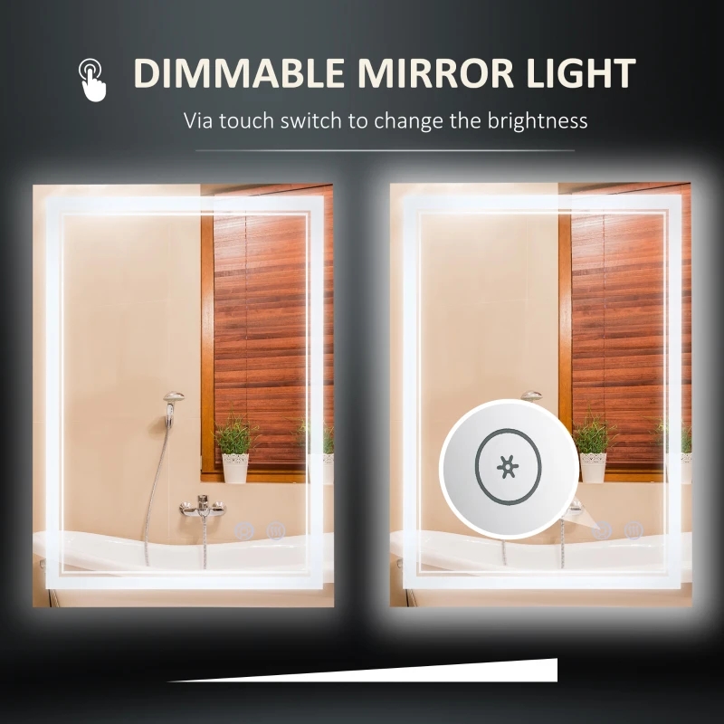 kleankin 24" x 32" LED Bathroom Mirror, Dimmable Lighted Anti Fog Wall-Mounted Mirror, with 3 Colour, Smart Touch, Plug-in, Vertical or Horizontal Hanging