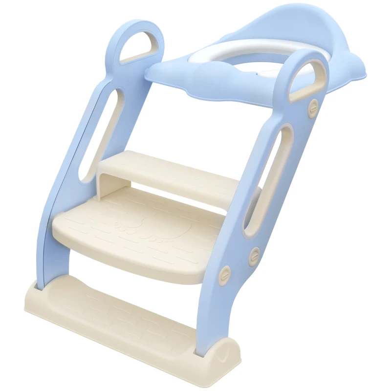 Qaba Potty Training Toilet Seat with Step Stool Ladder, Children Toilet Training Seat Chair with Soft Cushion, Handles, Non-Slip Wide Steps, Splash Guard, for Boys and Girls, Blue