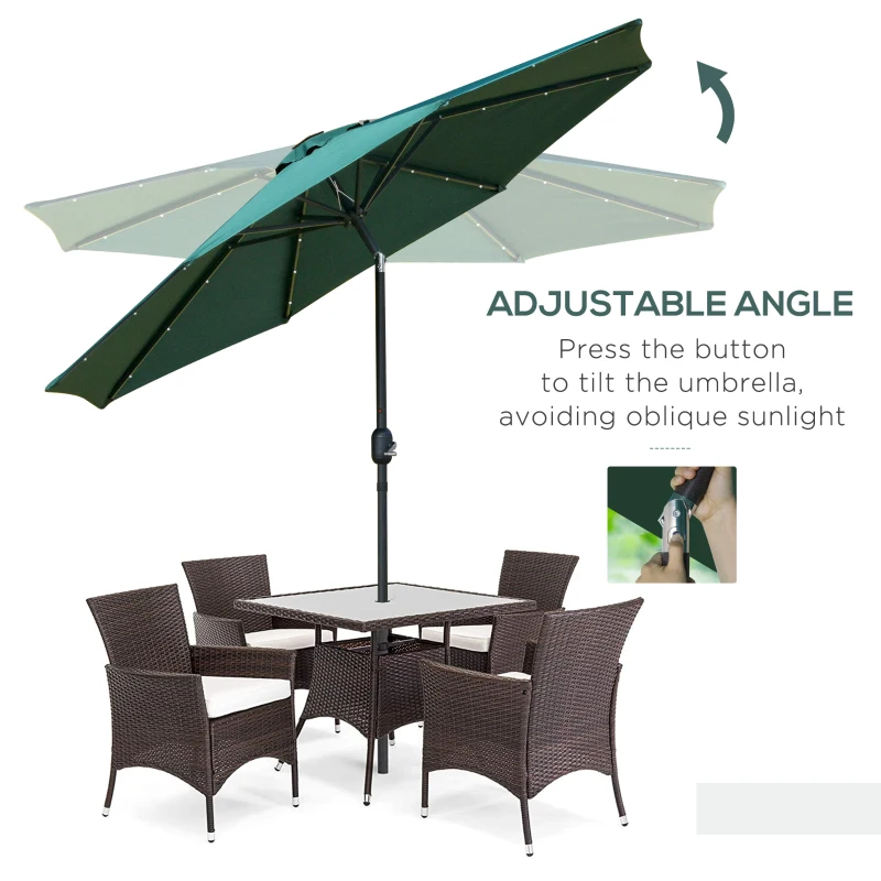 Outsunny 9ft Solar Patio Umbrella Outdoor Sunshade 24 LED Lights Tilt Canopy Green