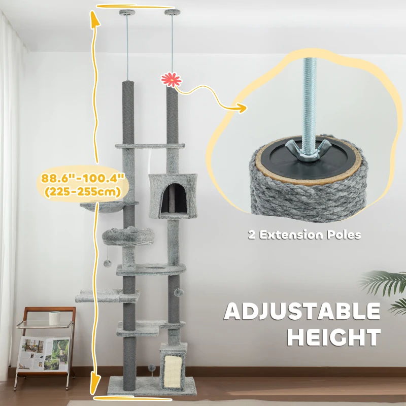 PawHut 89" -100" Adjustable Height Floor to Ceiling Cat Tree, Multi Levels Cat Climbing Tower with Scratching Posts