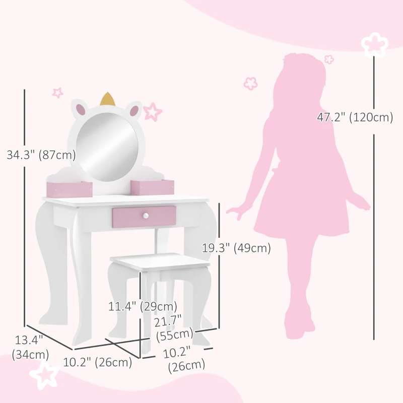 Qaba Kids Makeup Vanity Set with Stool, Mirror, Drawer, Storage Boxes, Unicorn Design, White