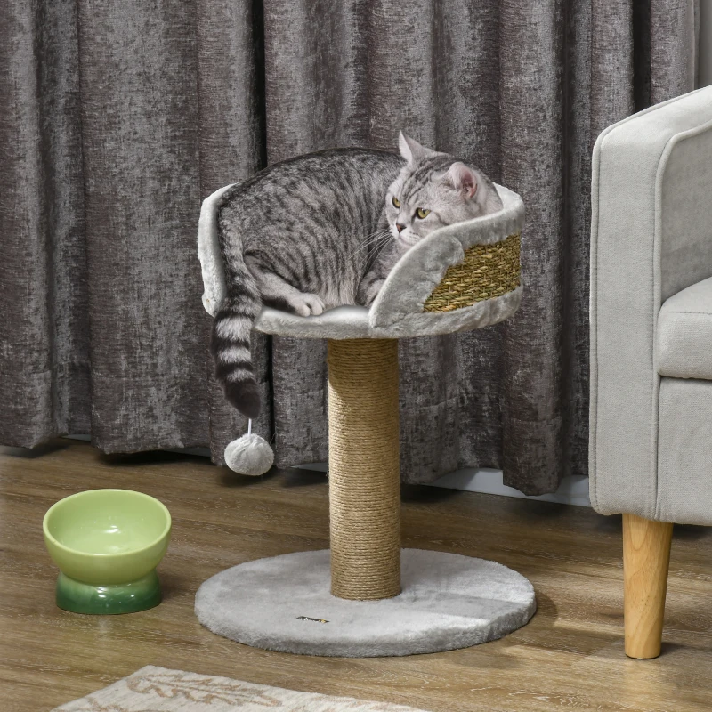 PawHut Cat Tree with Scratching Post, Toy Ball, Perch, Small Cat Tower for Indoor Cats - 16" x 16" x 19", Grey