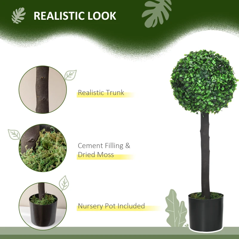 HOMCOM 2ft Artificial Plants Boxwood Ball Trees Set of 2 Fake Trees in Pot for Indoor Outdoor Green
