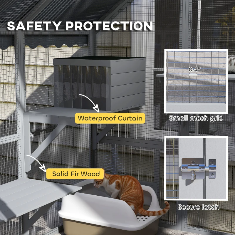 PawHut Large Catio Outdoor with Waterproof Cover, 2 Resting Boxes, 4 Platforms, Bridge, for 2-4 Kittens, Grey