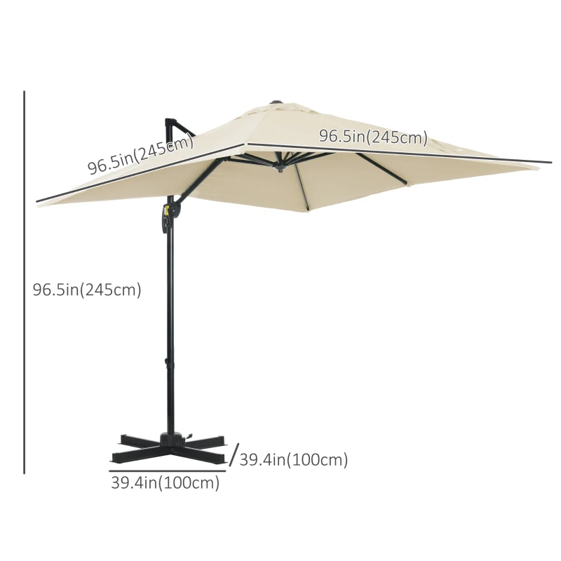 Outsunny 8' x 8' Square Patio Hanging Offset Umbrella with 360° Rotation, Aluminum Outdoor Cantilever Parasol with Crank & Tilt, Sun Canopy Shelter with Cross Base, White