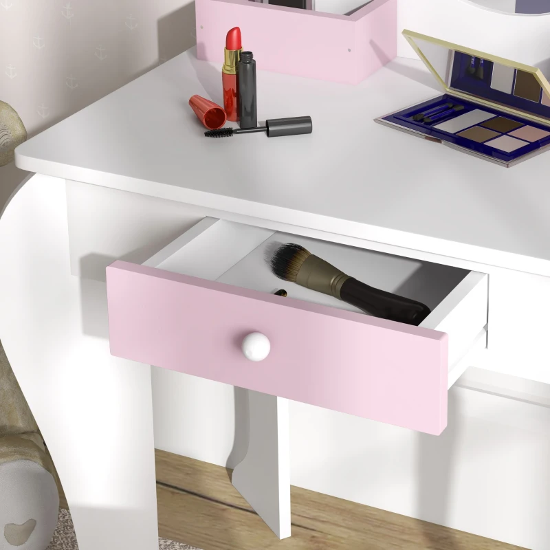 Qaba Kids Makeup Vanity Set with Stool, Mirror, Drawer, Storage Boxes, Unicorn Design, White