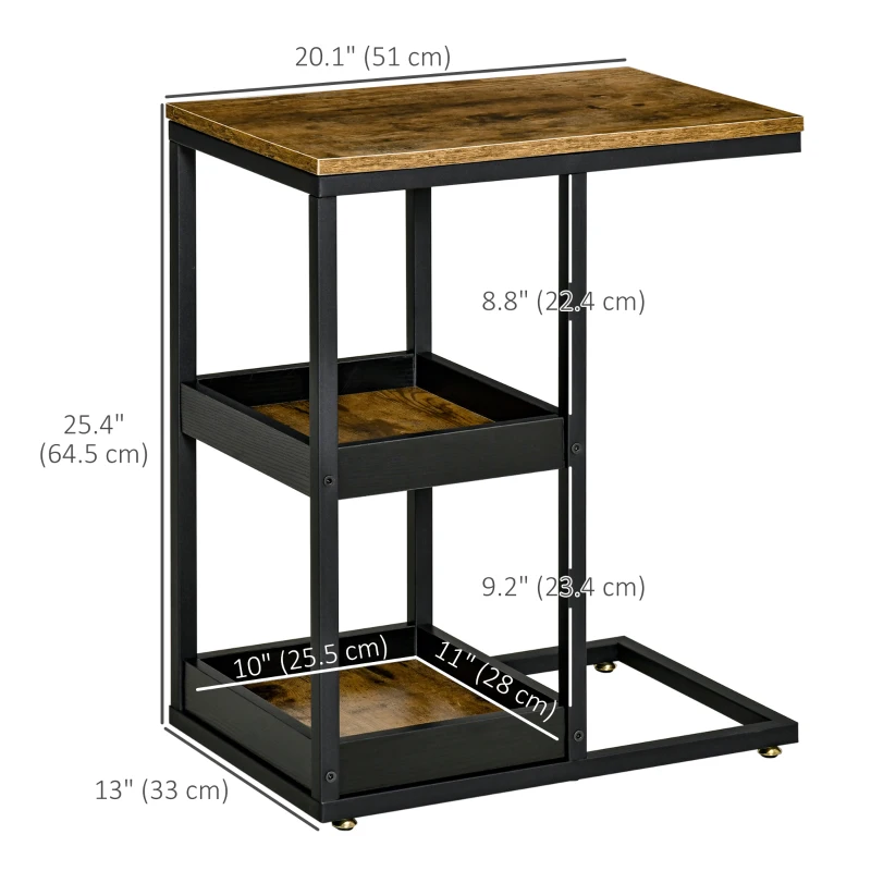 HOMCOM Side Table, C Shaped End Coffee Table, Industrial Nightstand with Storage Shelves, Metal Frame for Living Room, Bedroom, Rustic Brown