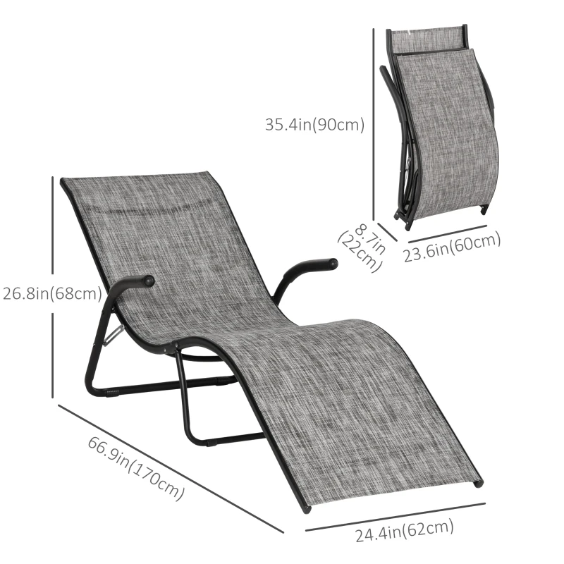 Outsunny Outdoor Lounge Chair with Armrest, Folding Tanning Chair for Beach, Poolside and Patio, Grey