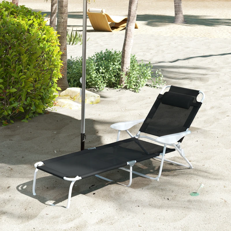 Outsunny Folding Chaise Lounge, Outdoor Sun Tanning Chair, 4-Position Reclining Back, Armrests, Removable Pillow, Black