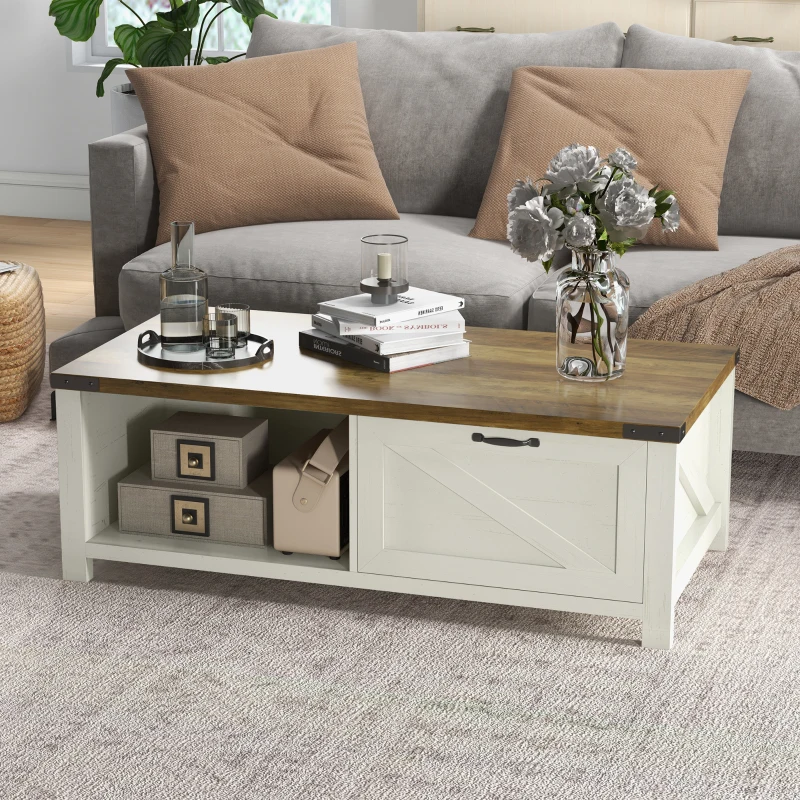 HOMCOM Industrial Coffee Table Side End Table with Drawer, Open Storage Shelf, Modern Farmhouse Furniture, for Living Room, Dining Room, Office, Brown