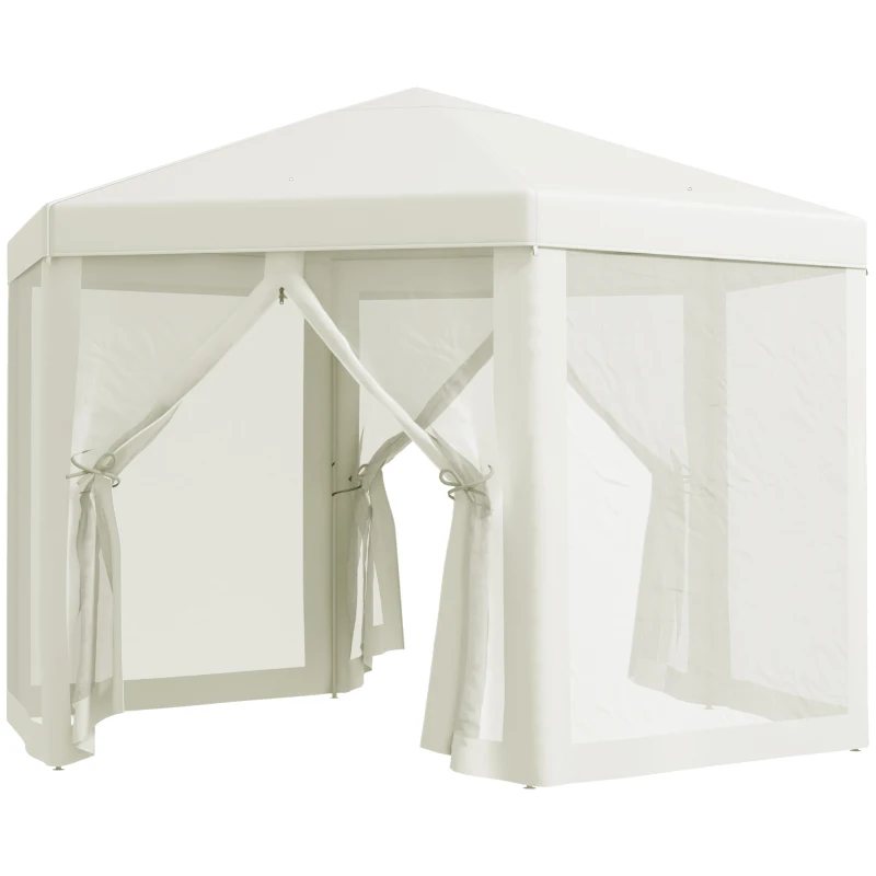 Outsunny Φ13' Hexagon Party Tent Patio Gazebo Outdoor Activity Event Canopy Quick Sun Shelter Pavilion with Netting Mesh Sidewall Cream White