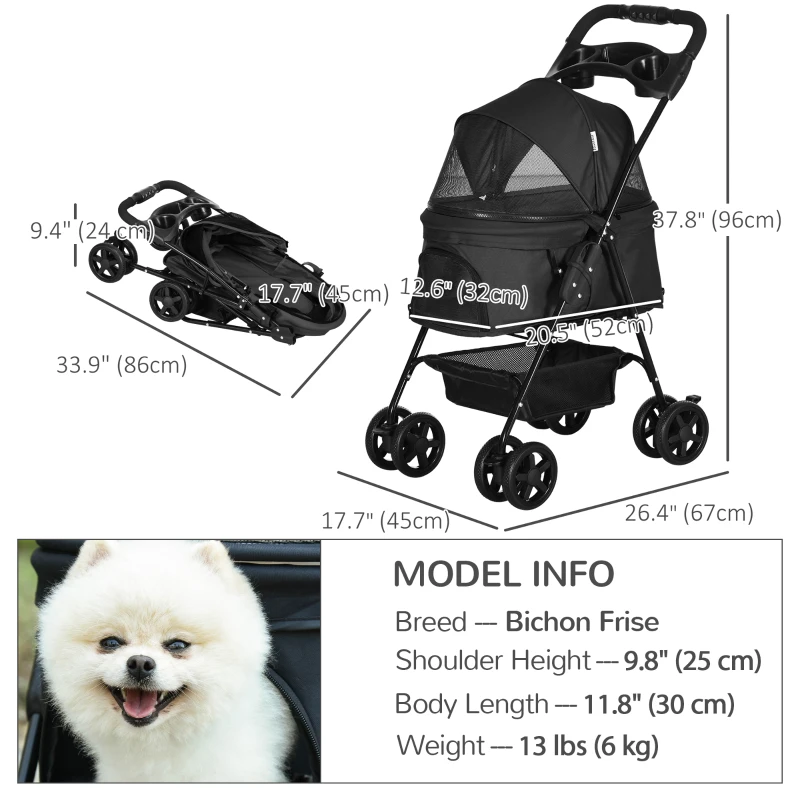 PawHut Dog Stroller Foldable Design with Storage Basket, Adjustable Canopy, Cup Holder, Safety Leashes, for Mini Dogs, Black