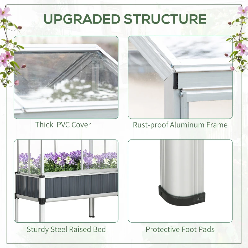 Outsunny 45"x24"x51" Raised Garden Bed with Greenhouse, Windows, Galvanized Steel Frame for Vegetables Flowers Herbs, Dark Grey