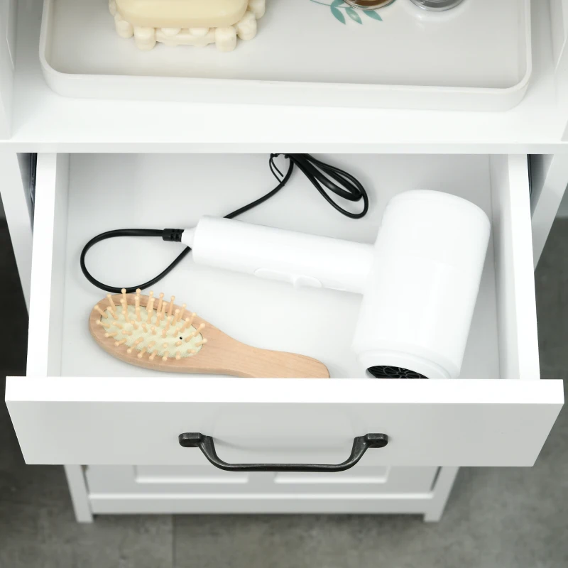 kleankin Modern Bathroom Cabinet, Narrow Bathroom Vanities with Open Shelf Drawer Recessed Doors and Adjustable Shelves White